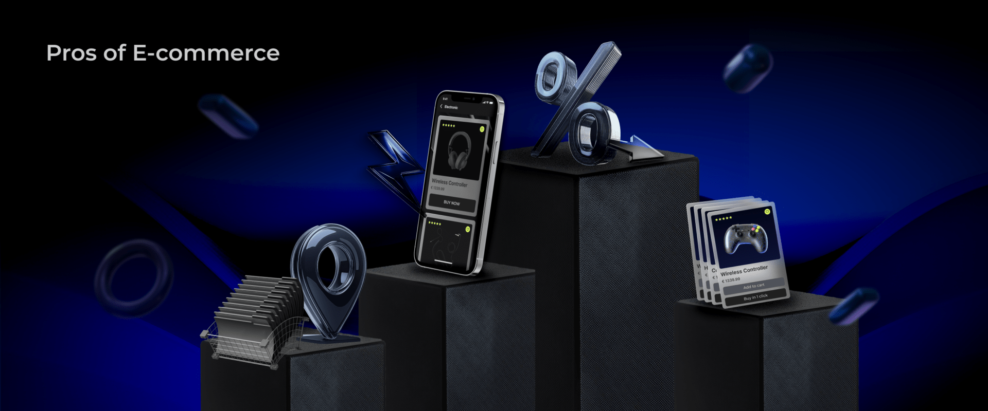 A graphic titled 'Pros of E-commerce' with 3D icons representing benefits like cost savings, increased sales, and customer convenience.