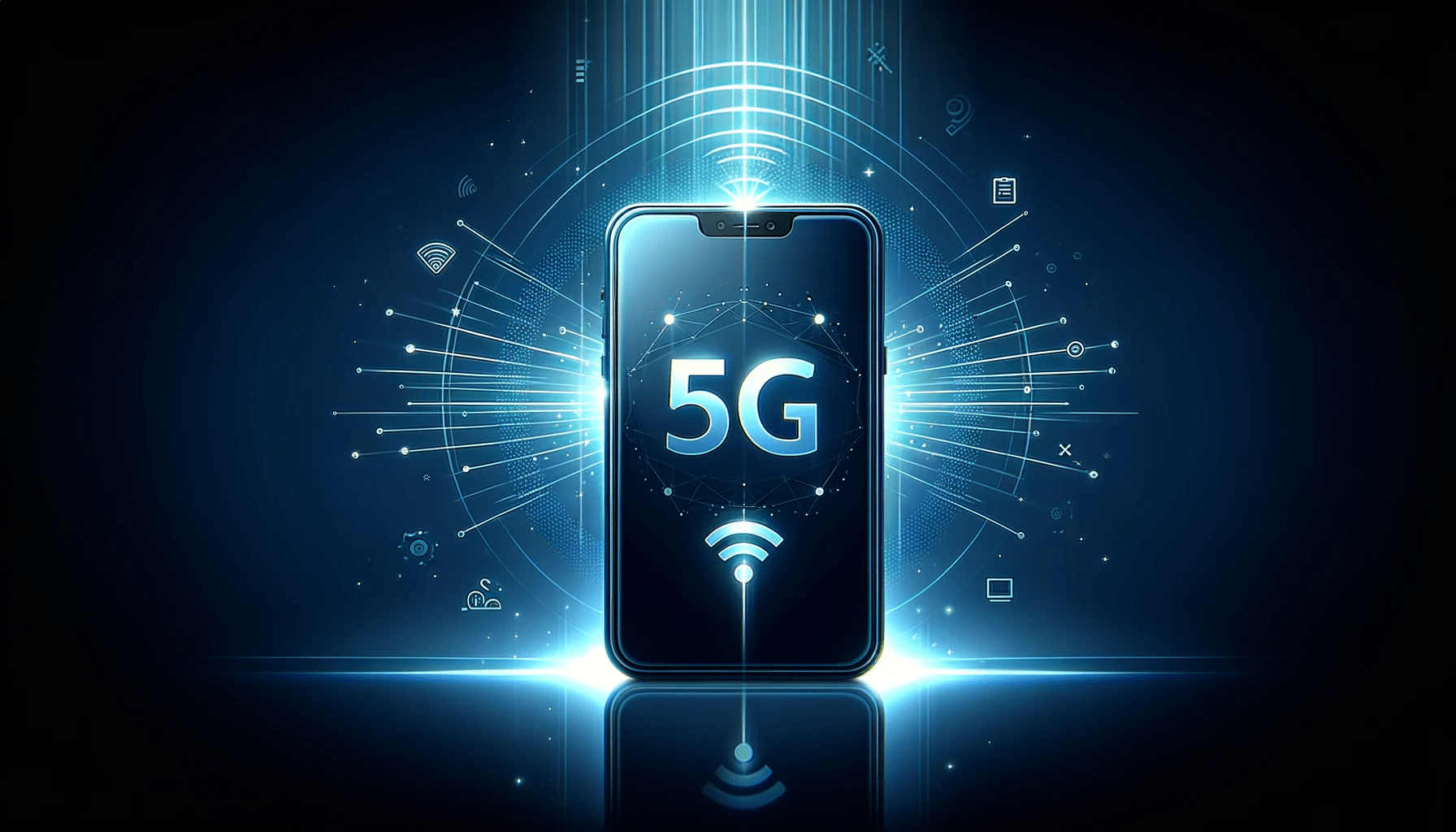 A smartphone graphic with 5G connectivity highlighted through radiant light and digital motifs, emphasizing advanced network capabilities.