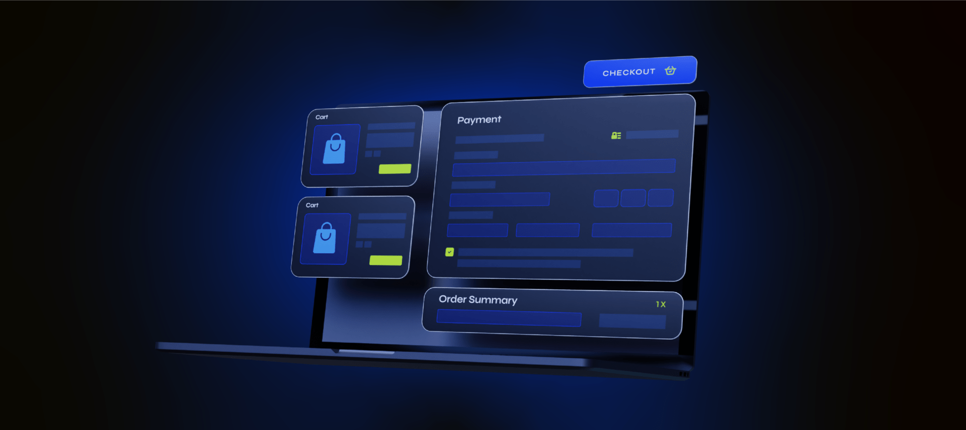 Image of a laptop with a secure checkout interface, highlighting the cart, payment.