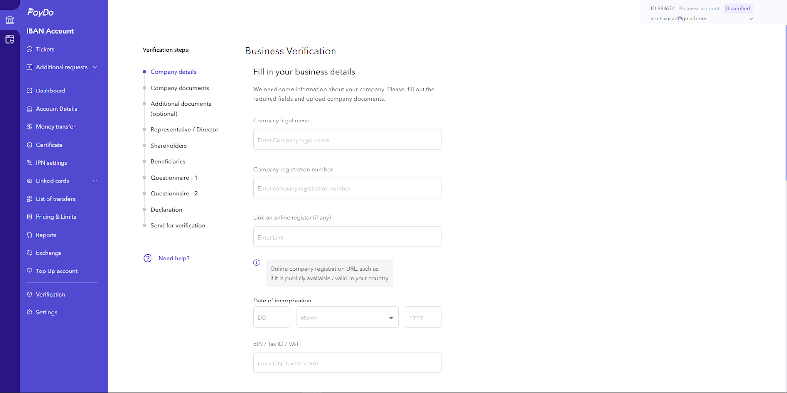 PayDo Business Account dashoboard