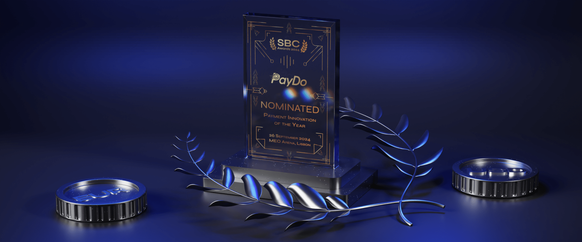 An award plaque for PayDo, nominated for 'Payment Innovation of the Year' at the SBC Awards 2024. Showcases PayDo contribution to iGaming payment technologies.