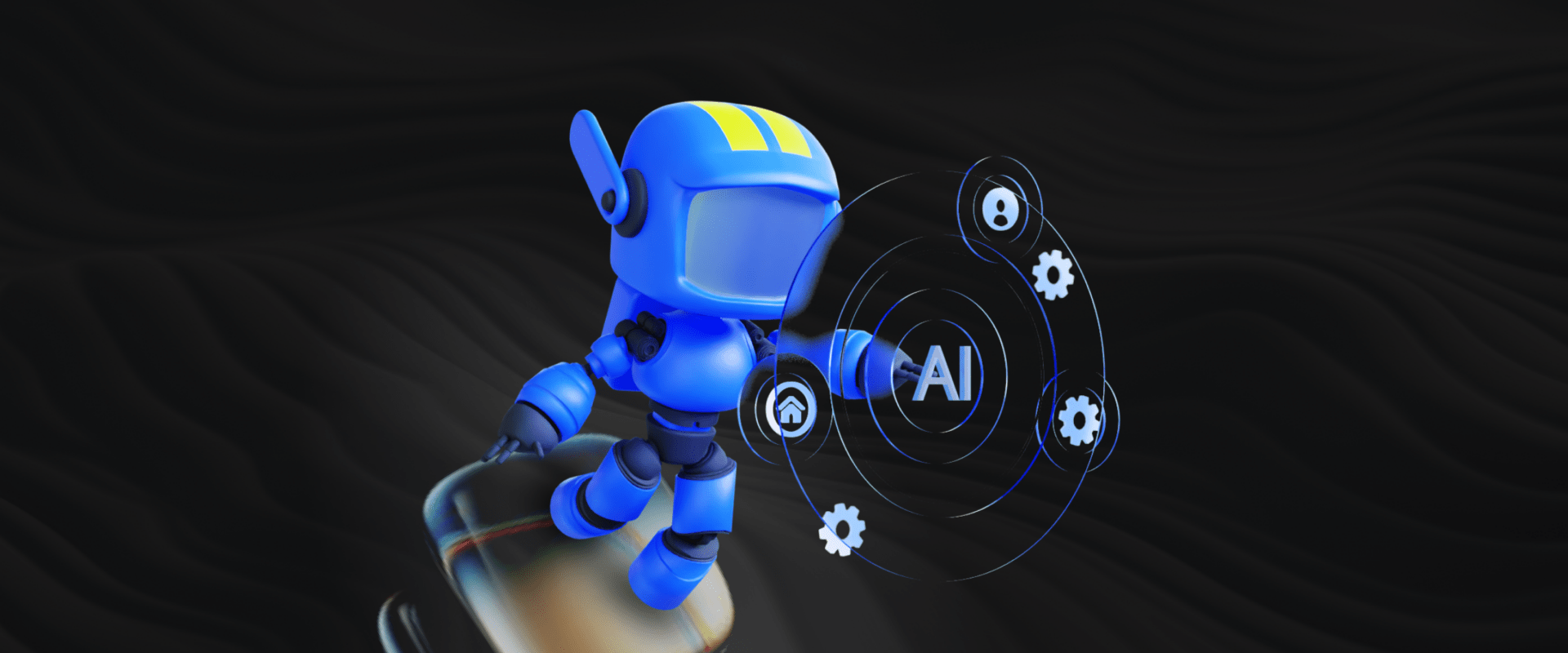 A futuristic robot interacting with AI icons, representing advanced AI integration in payment systems.