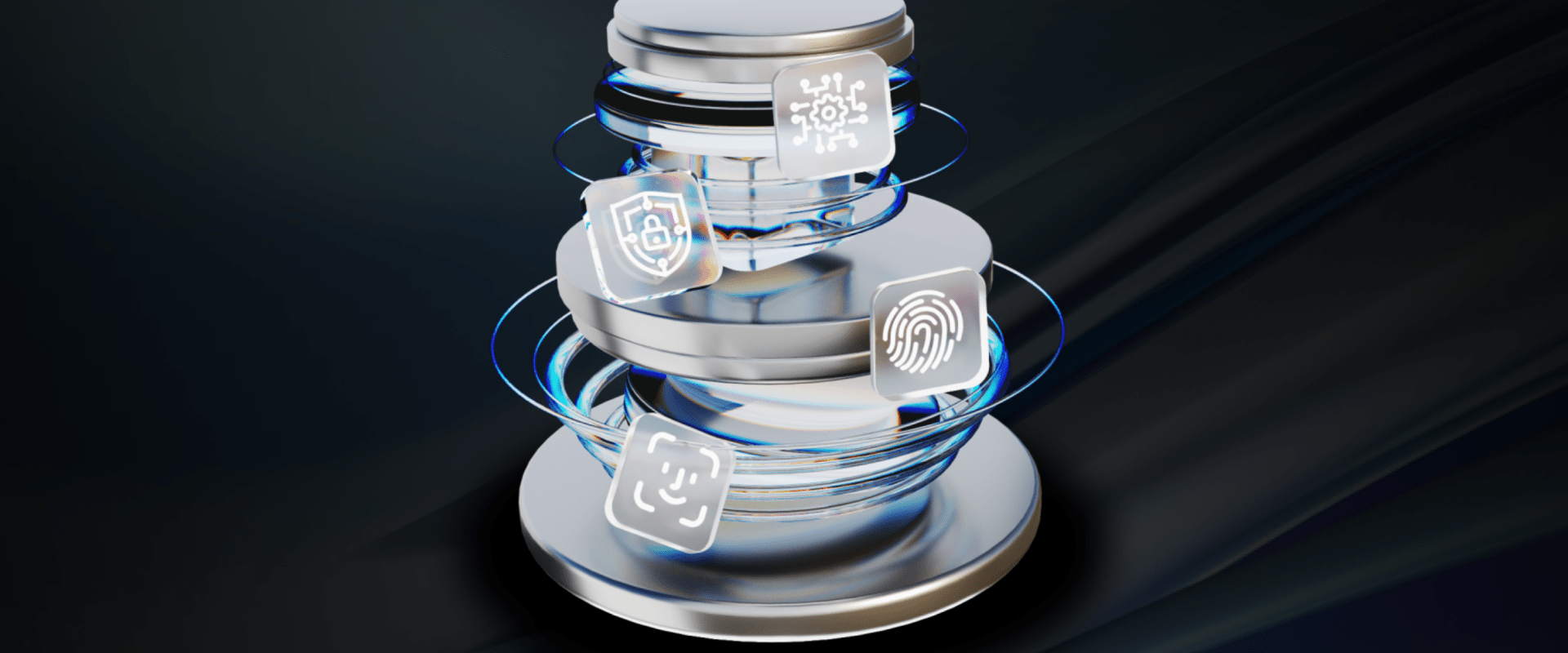 A layered 3D model with icons representing fingerprint, facial recognition, and secure authentication technologies.